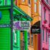Vibrant and colorful green, orange and pink businesses in Lunenburg, NS.