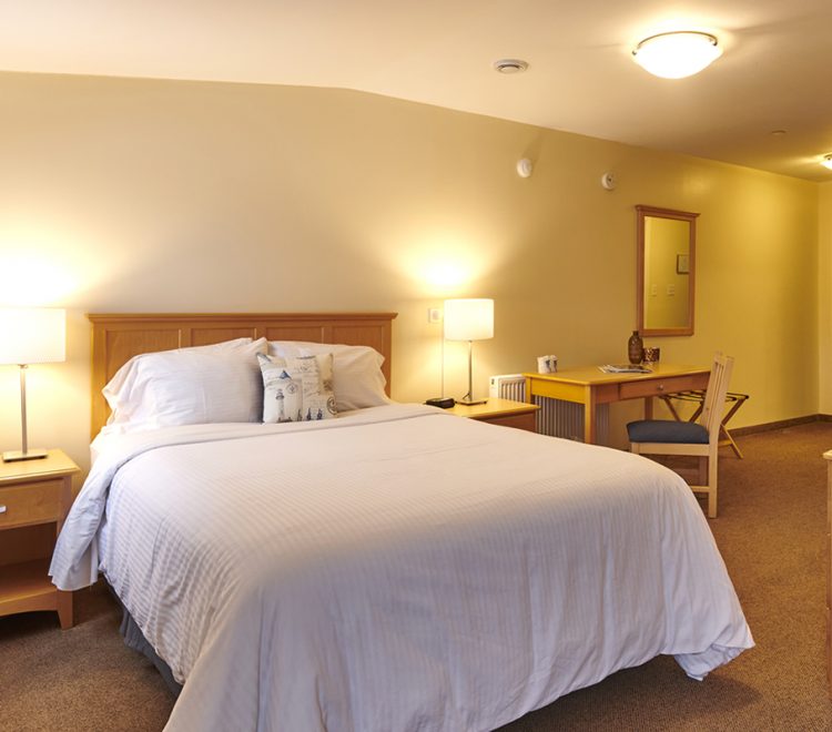 Queen sized bed and two side tables with lamps and a wooden back board in room 303.